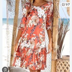 Elegant Floral Midi Dress in Coral